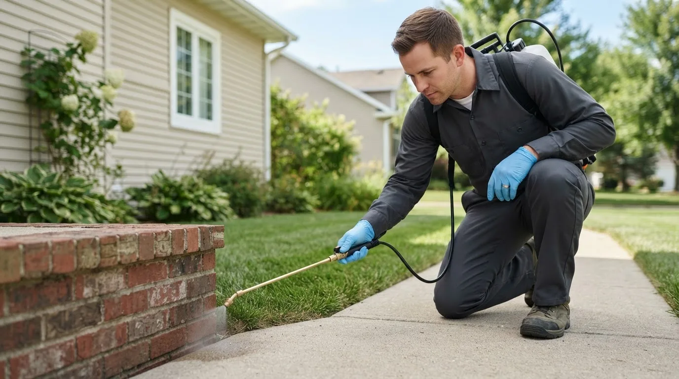 Pest control technician treating a home near Dafter, MI