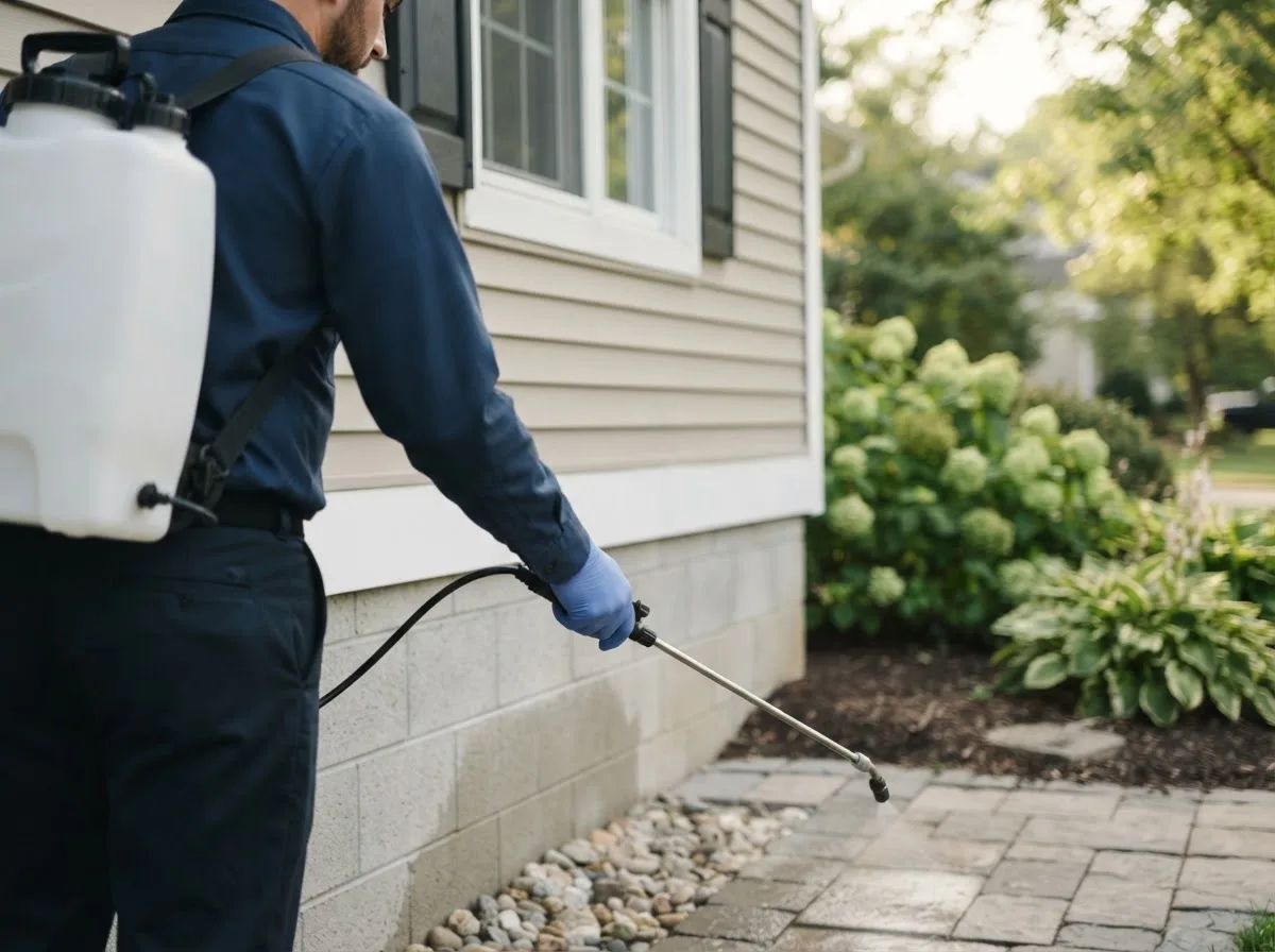Pest control technician inspecting a home in Dafter, MI
